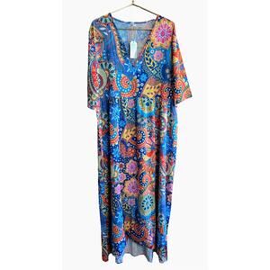IZURIA Blue & Yellow Floral Paisley Maxi Dress Bohemian Summer Spring XXL NEW